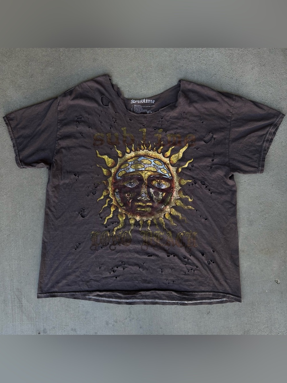 Sublime Sun Face Distressed Gray Women’s Off The Shoulder Oversized Tee Small